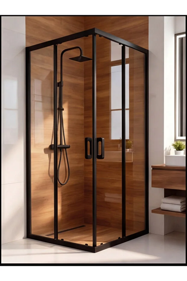 Duşakabin Kare Siyah 5mm Şeffaf Temperli Cam Teknesiz Zemine Montaj 190cm